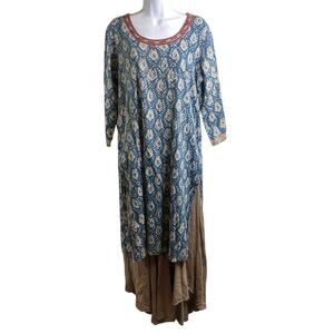 Regal Women's Blue Ikat Layered Kurta Maxi Dress Size 42 Boho Exotic Flowy